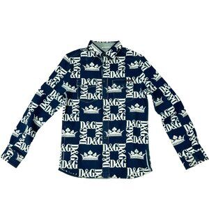 DOLCE & GABBANA White & Blue Cotton Elegant Crown Pattern Boys Shirt Italy 9/10